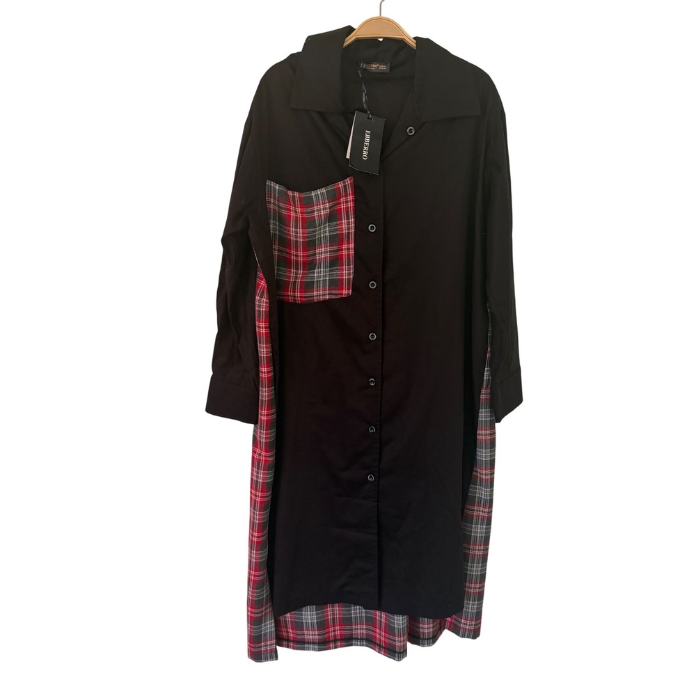 Ebberro Womens Black Plaid Mixed Media Longline Button Down Shirt Dress EUR 42
